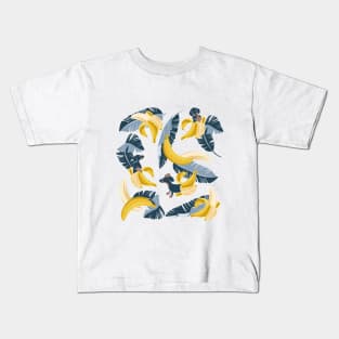 Surrealistic tropical Dachshund bananas // print // pastel blue background navy blue dogs and banana fruit leaves Kids T-Shirt